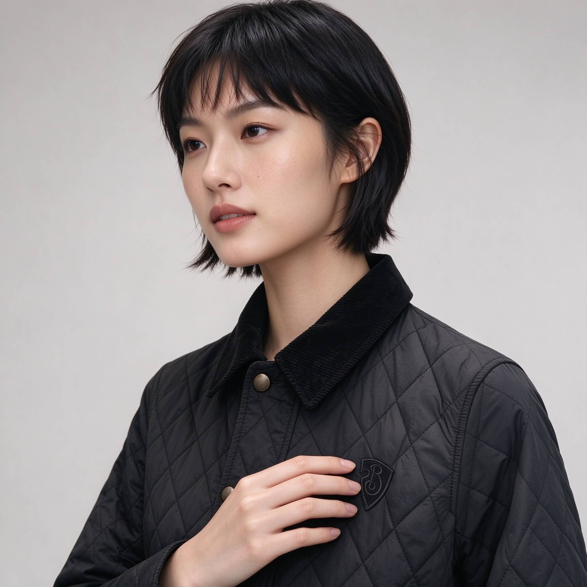 04_亚洲模特_摸徽章3-4角度 - Image 1